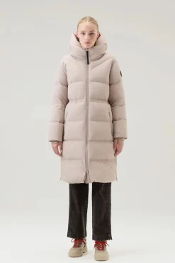 Beige Long Down Parka in Stretch Nylon with Detachable Hood