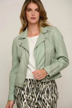 Emily Leather Biker Jacket in Sea Moss